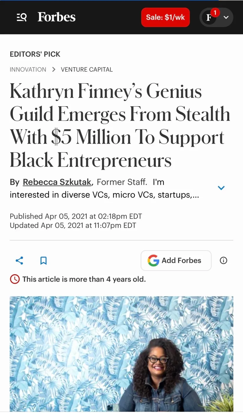 Kathryn Finney featured in Forbes: Genius Guild Emerges From Stealth With $5 Million To Support Black Entrepreneurs