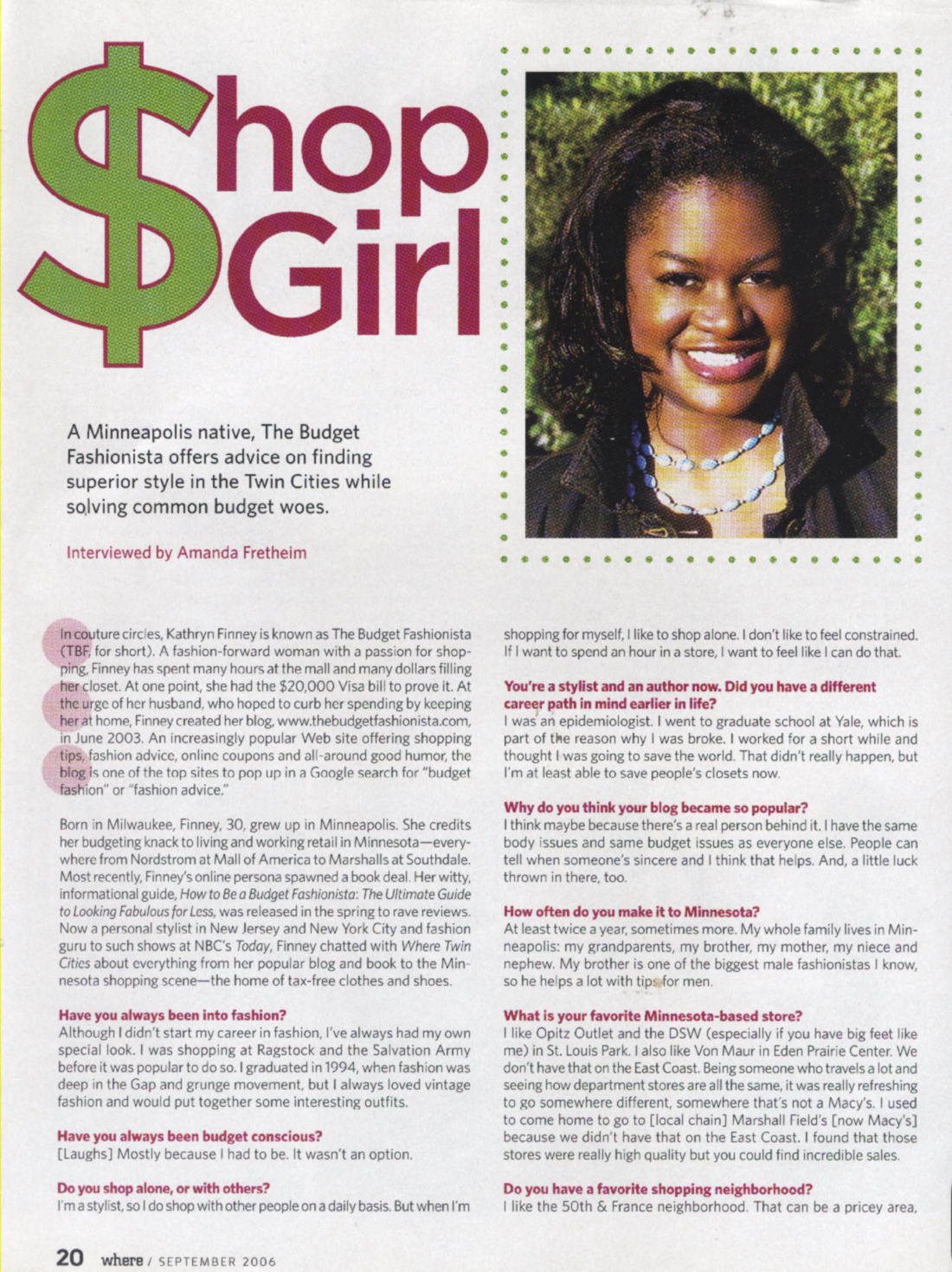 Kathryn Finney featured as 'Shop Girl' in Where Twin Cities magazine, September 2006, profiling The Budget Fashionista