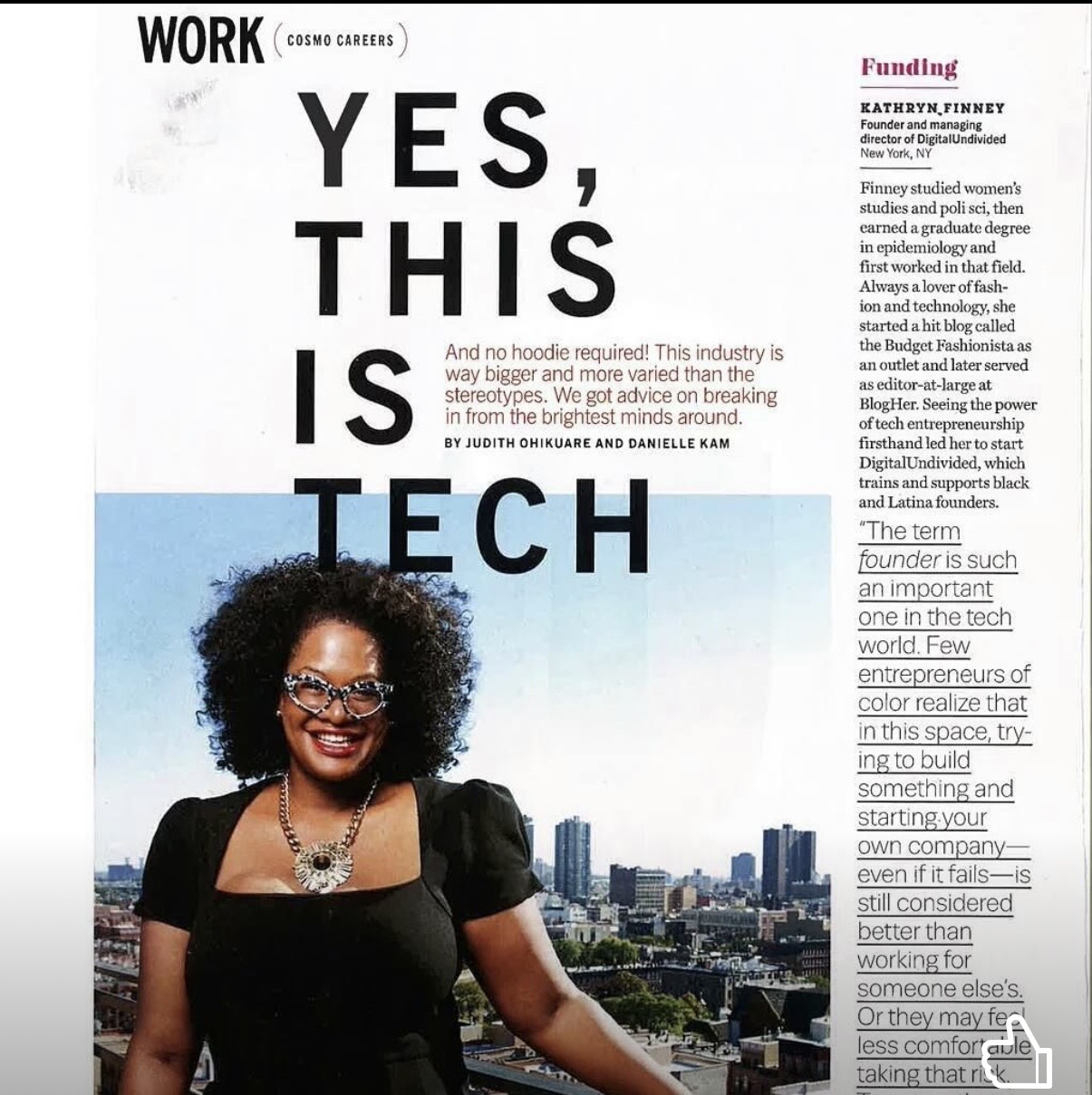 Kathryn Finney featured in Cosmopolitan's 'Yes, This Is Tech' Work Cosmo Careers spread as founder and managing director of digitalundivided